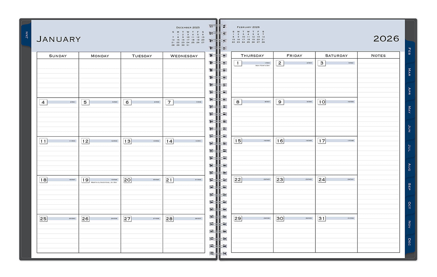 January 2026 - December 2026 weekly monthly planner featuring a monthly spread boxes for each day, lined writing space, notes section, reference calendars, and dark blue monthly tabs with white text in 8.5x11 size