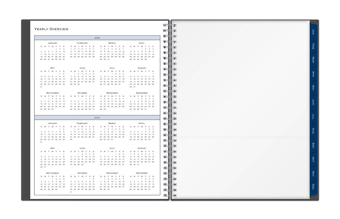 8.5x11 2025 weekly monthly planner features a yearly overview of 2026 and 2027 with contact page for owner of planner and bulleted yearly goals and accomplishments with navy monthly tabs and white text