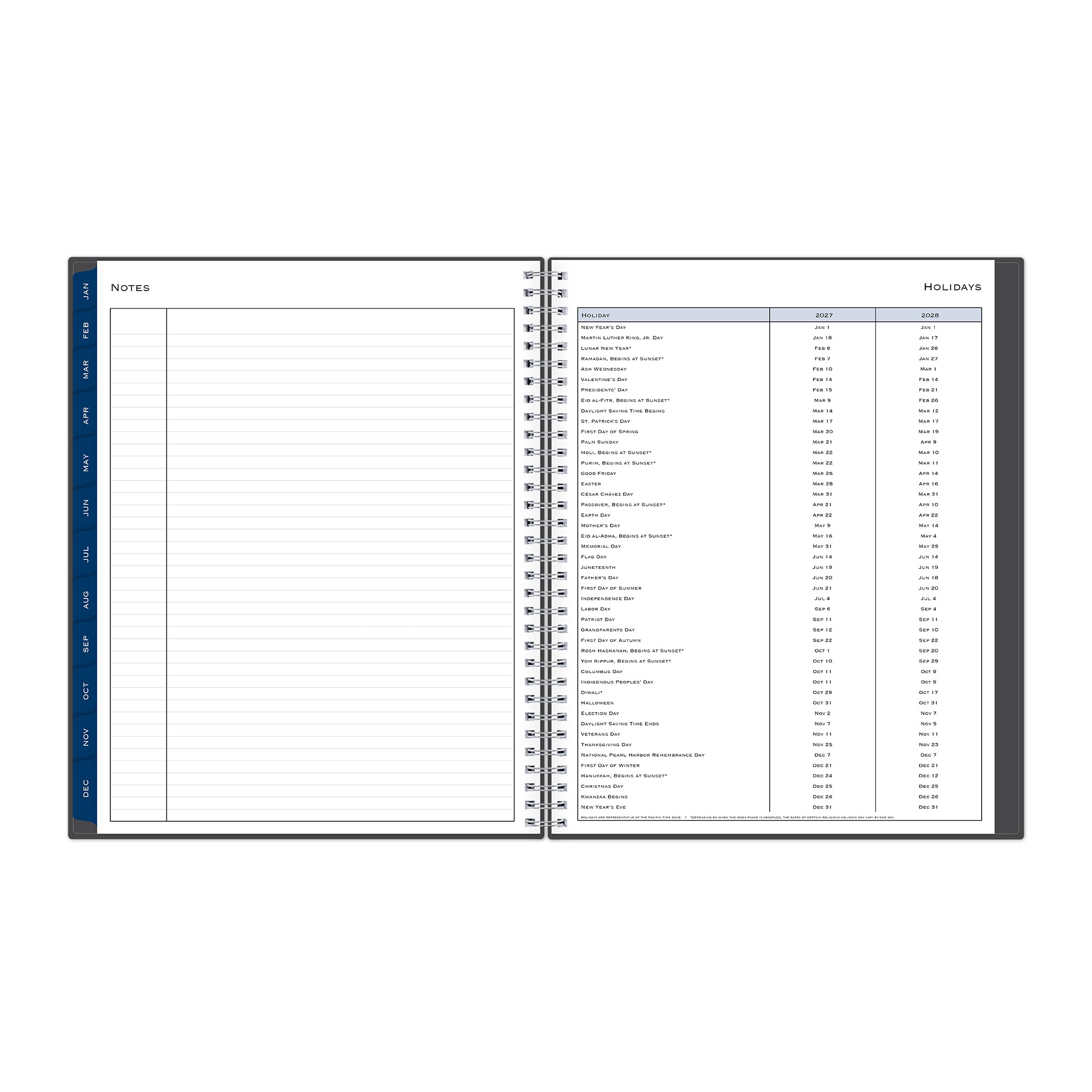 lined notes page with holiday list for this weekly monthly january 2027 to december 2027 planner