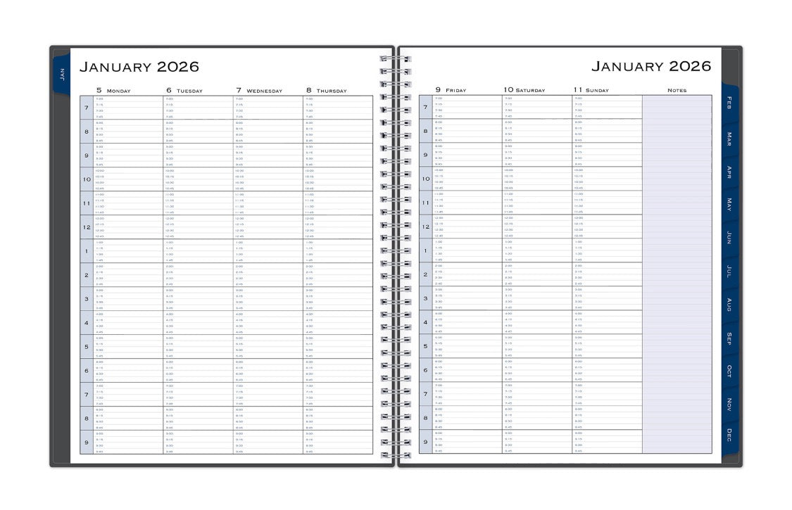 The January 2026 - December 2026 weekly appointment book from Blue Sky features a clean, optimized weekly spread with 15 minute intervals, lined writing space, notes section, and dark blue monthly tabs for easy navigating