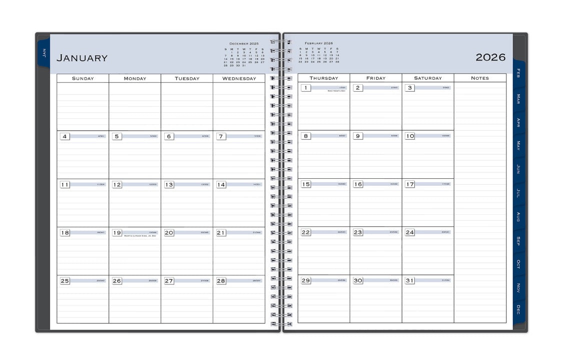 The January 2026 - December 2026 weekly appointment book from Blue Sky features a clean, optimized monthly spread with lined writing space, notes section, and dark blue monthly tabs for easy navigating