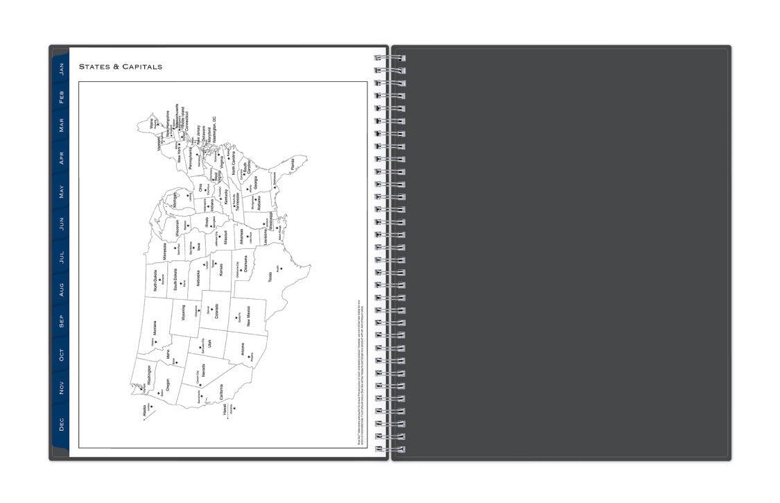 planner with a map of the United States on one page and a plain page on the other, on a white background.