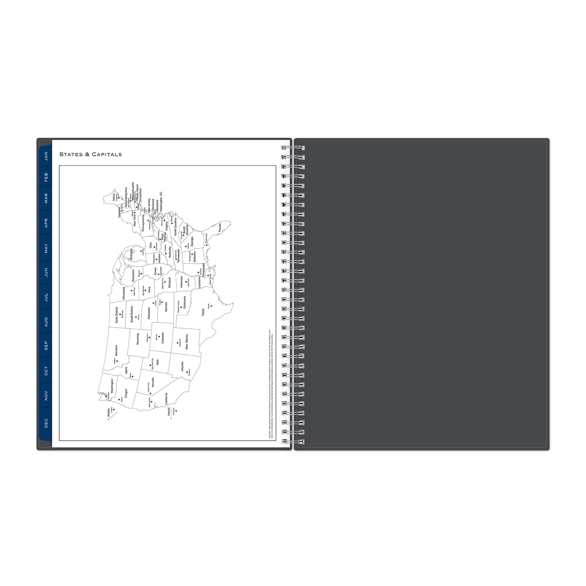 states and capitals listed for this weekly monthly planner with map of USA
