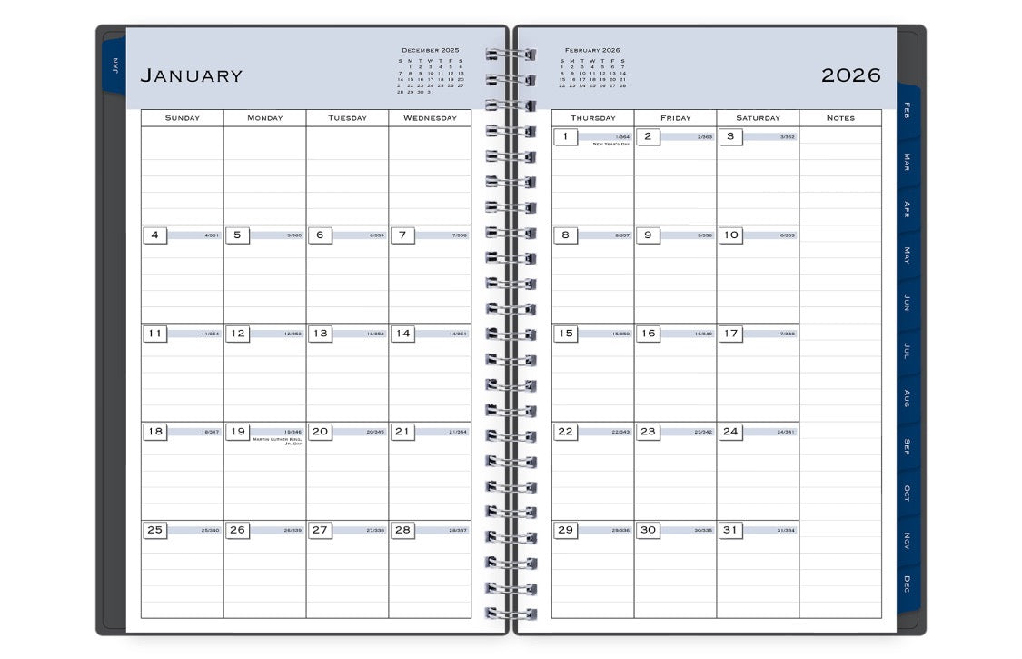January 2026 - December 2026 weekly monthly planner featuring a monthly spread boxes for each day, lined writing space, notes section, reference calendars, and dark blue monthly tabs with white text in 5x8 size