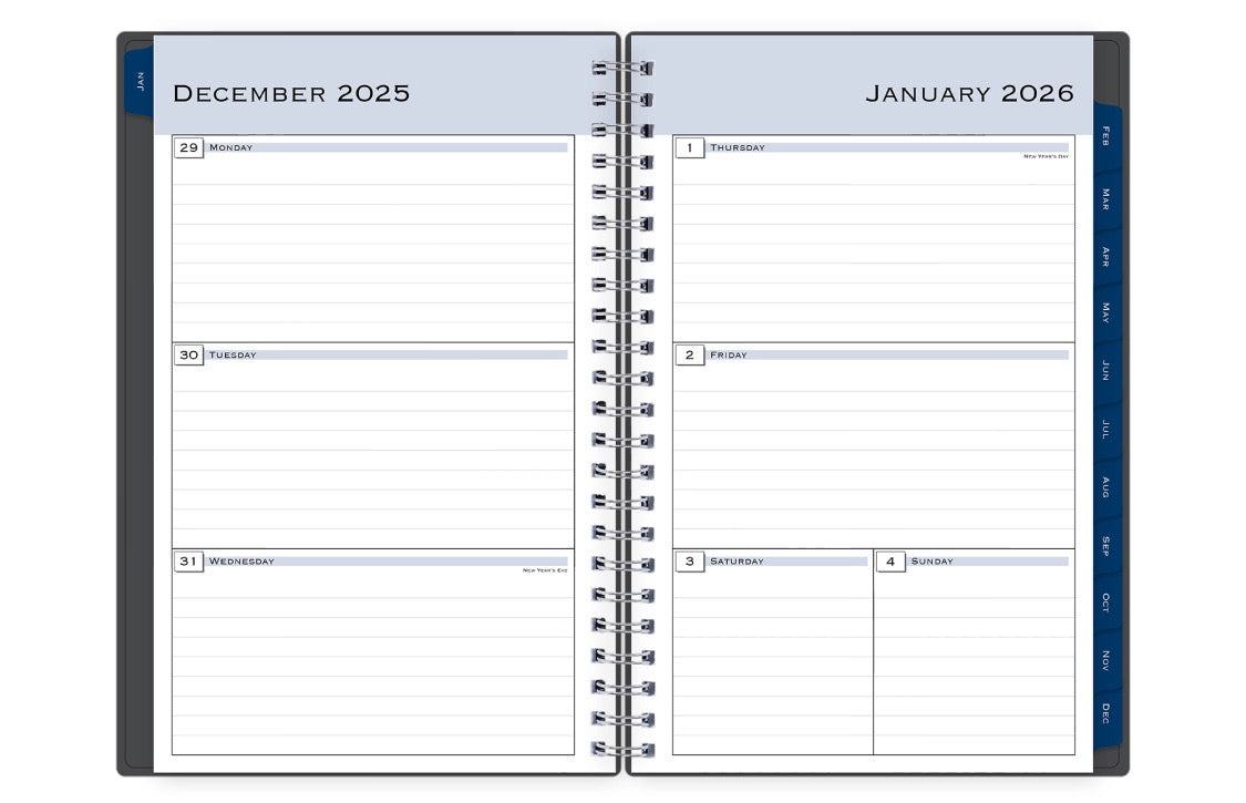 January 2026 - December 2026 weekly monthly planner featuring a weekly spread boxes for each day, lined writing space, notes section, reference calendars, and dark blue monthly tabs with white text in 5x8 size