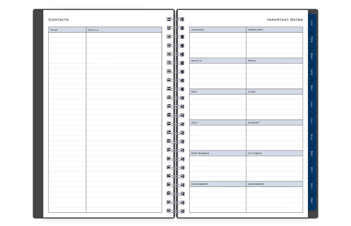 Spiral-bound planner with contact and important dates sections on a white background 5x8 planner size