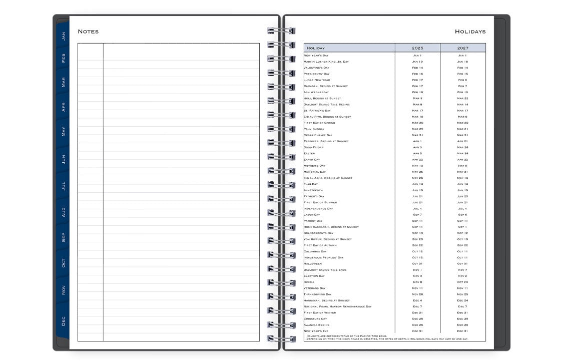 lined notes page on the left and holiday list for 2026 and 2027