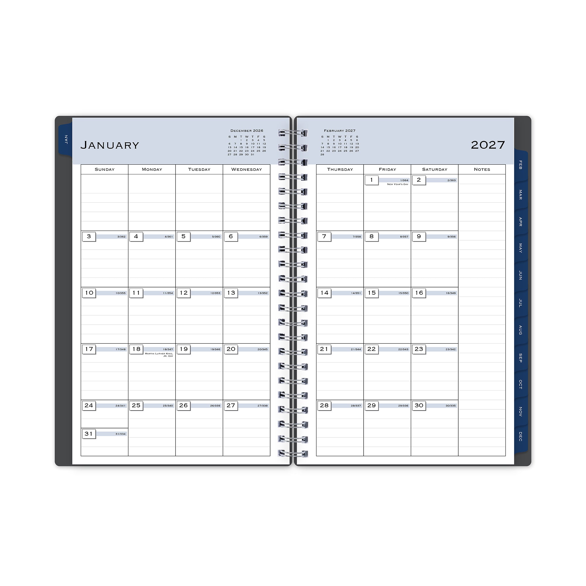 monthly layout featuring lined writing space, notes section, and blue monthly tabs