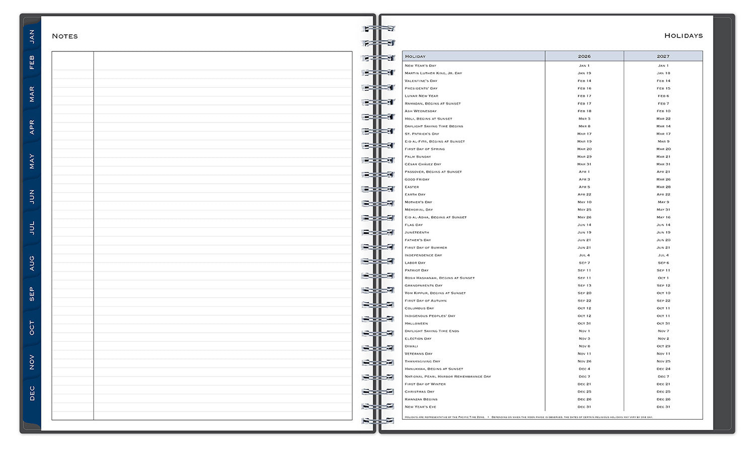 lined notes page on the left and holiday list for 2026 and 2027 on the right