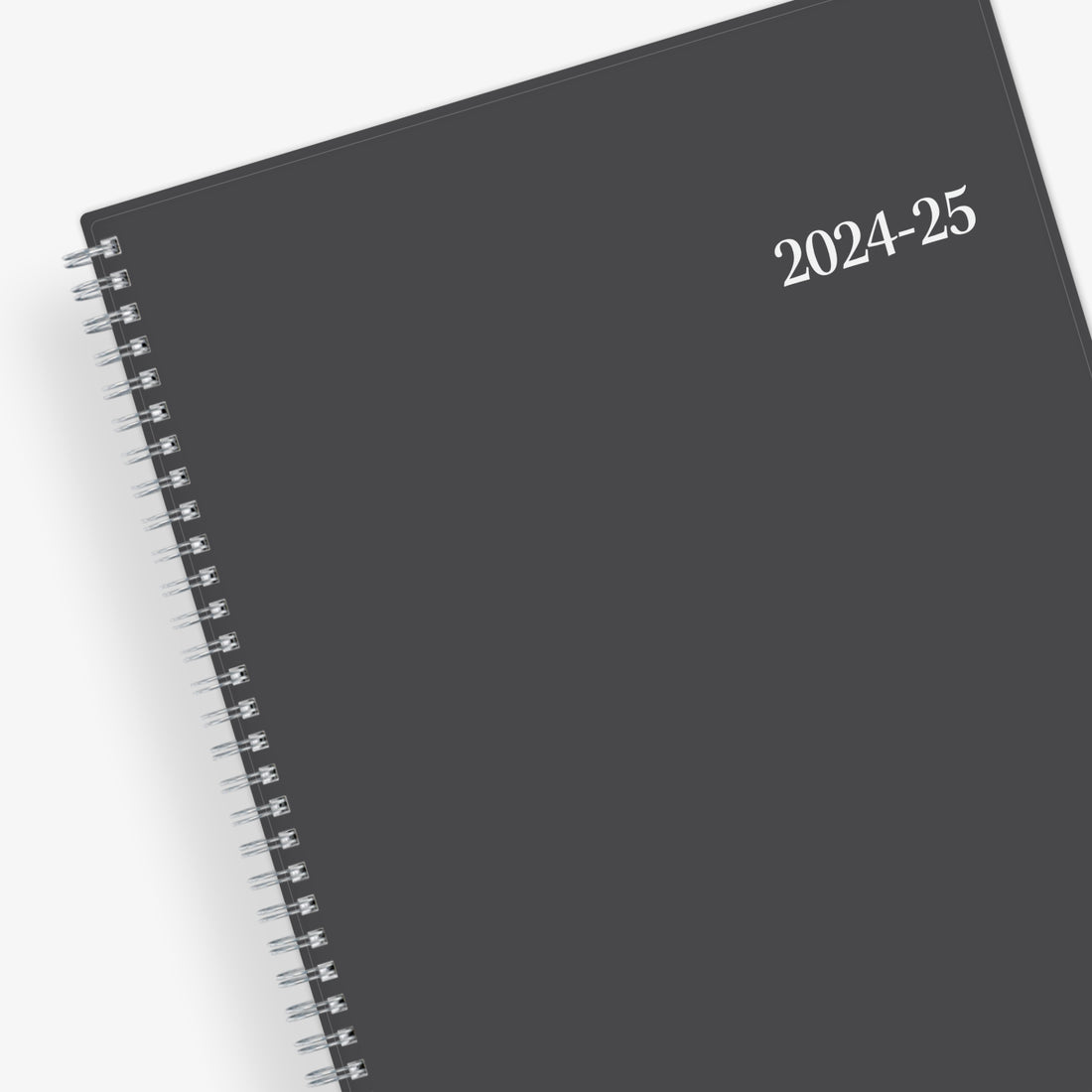 June 2024 weekly monthly academic planner featuring a solid charcoal cover and silver twin wire-o binding 8.5x11 size