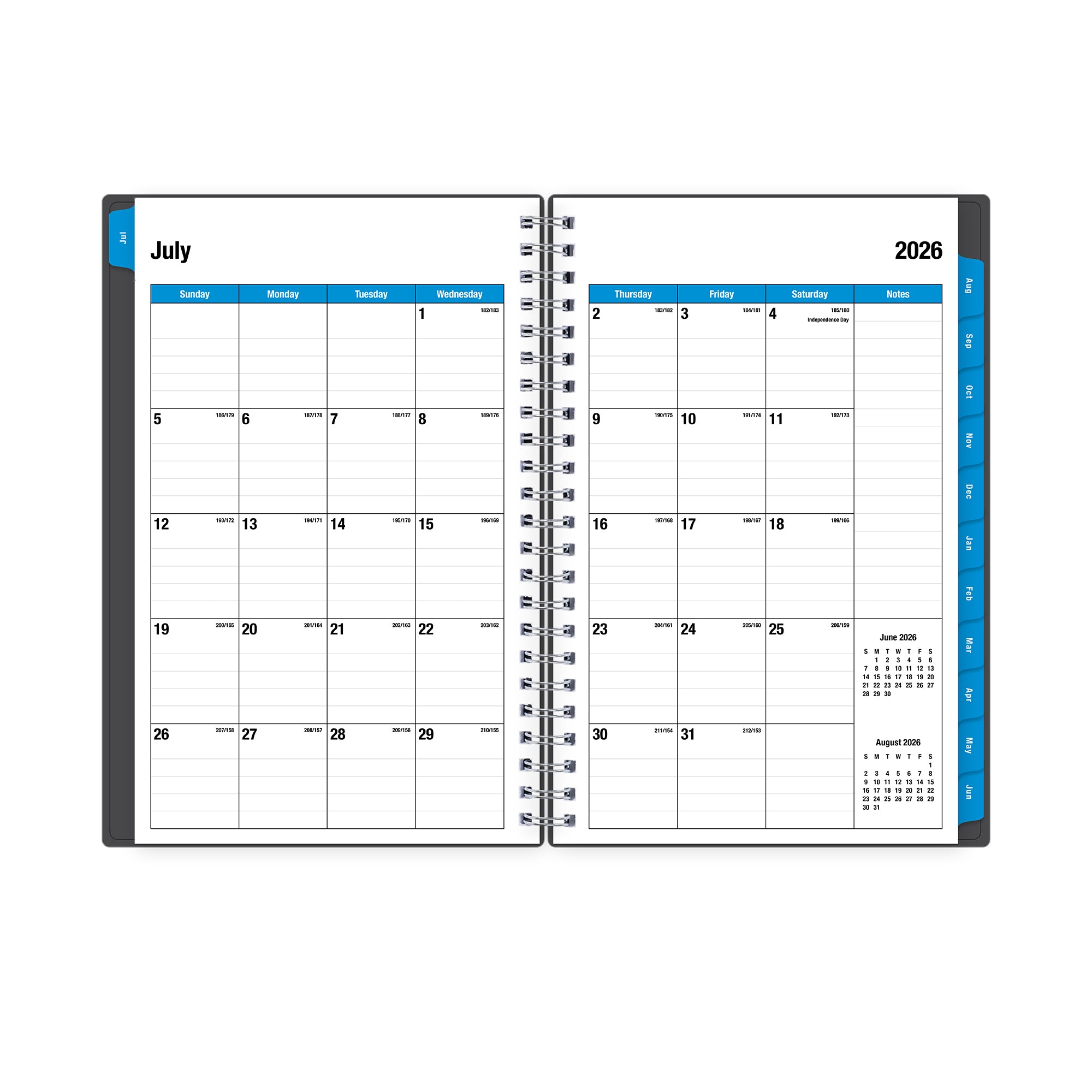 this july 2026 - june 2027 planner features a monthly spread with ample writing space for each day, monthly reference calendar, sections for note taking, bullet points, and check lists.