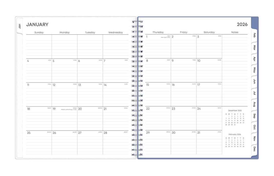 The January 2026 - December 2026 monthly spread features ample lined writing space for each day, lined notes section, reference months, and monthly to easily navigate throughout your planner