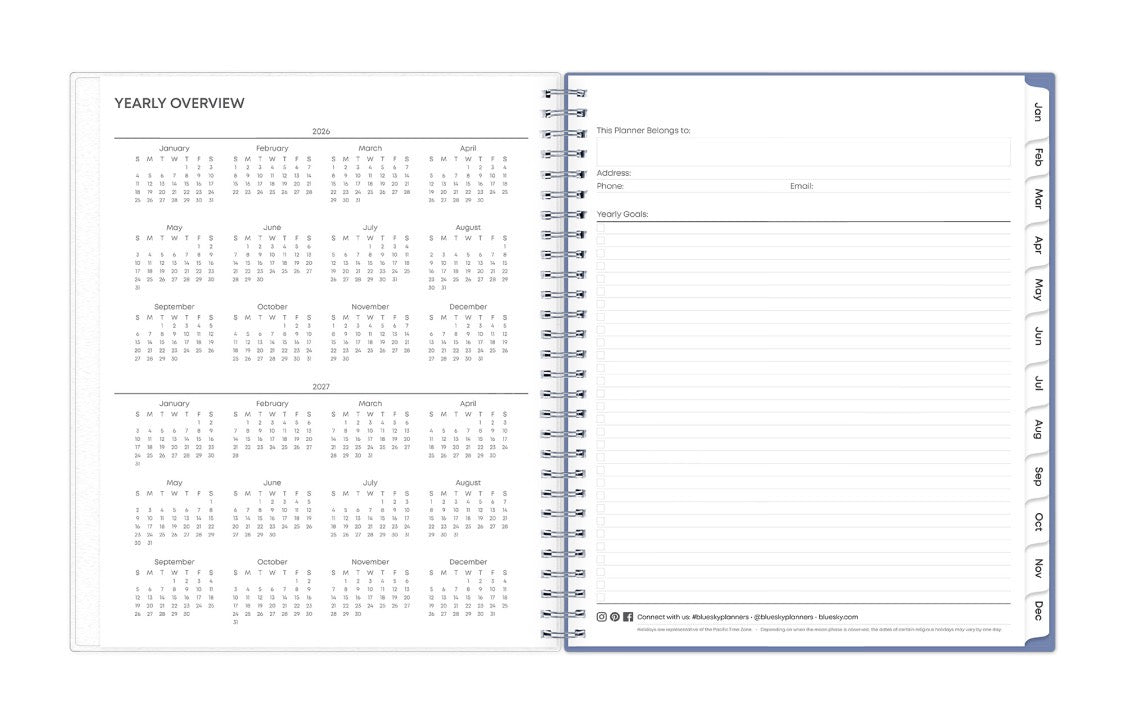 This 8x10 2026 monthly planner featuring a yearly overview for both 2026 and 2027, a yearly goals recap to review end of the year, and contact page.