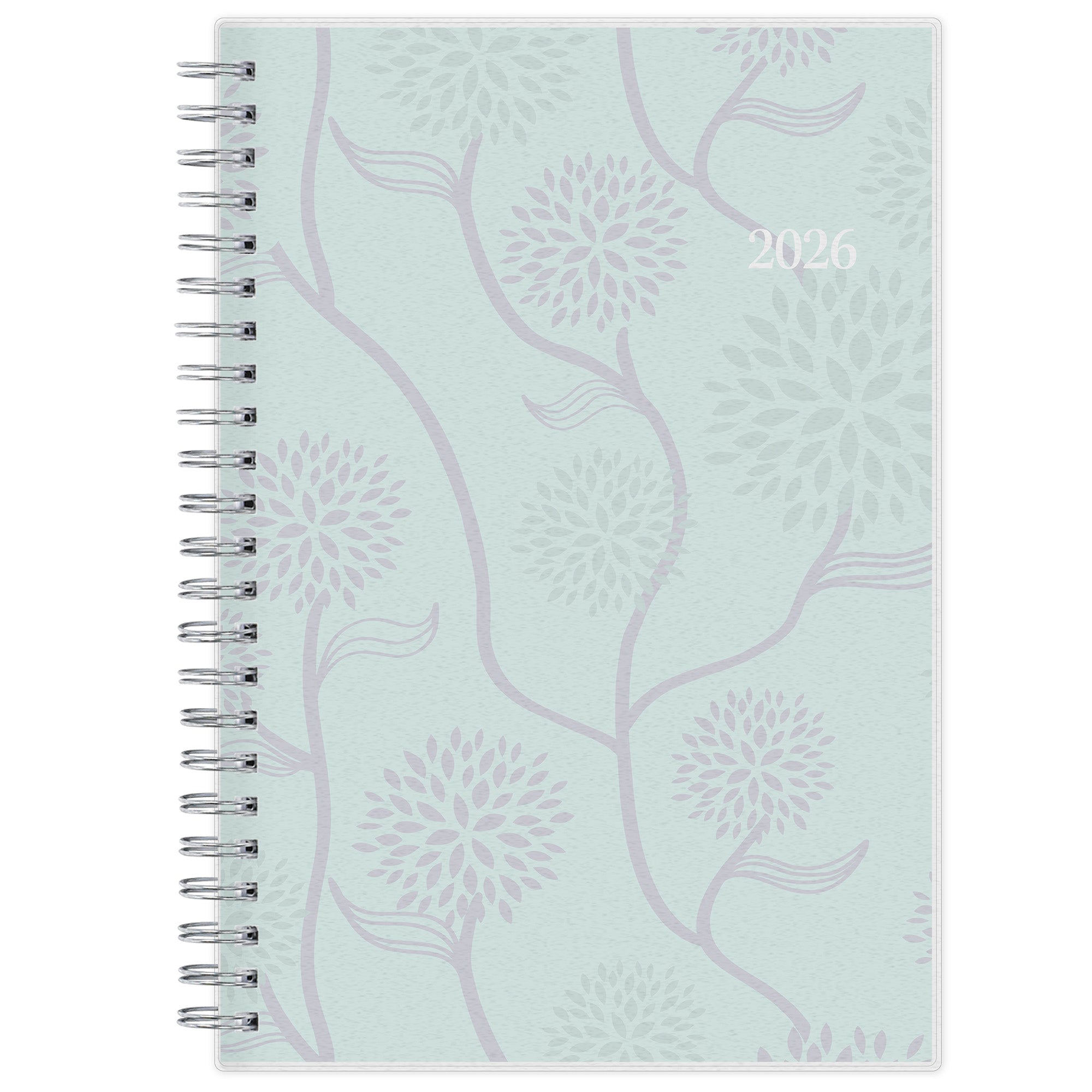 January 2026 - December 2026 weekly monthly planner featuring a floral front cover design and silver twin wire-o binding
