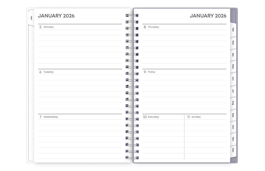 January 2026 - December 2026 weekly monthly planner featuring a weekly spread with lined writing space, notes section, reference calendars, and light purple monthly tabs in 5x8 size