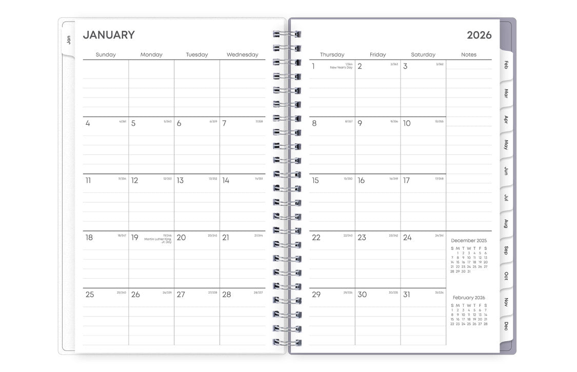 January 2026 - December 2026 weekly monthly planner featuring a monthly spread boxes for each day, lined writing space, notes section, reference calendars, and light purple monthly tabs in 5x8 size