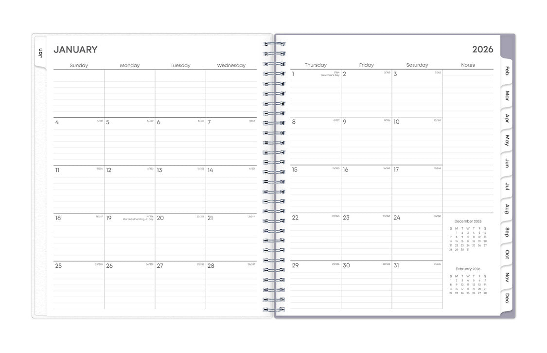 Two open pages of a spiral-bound planner showing January 2026, with days of the week labeled lined writing space, monthly spread