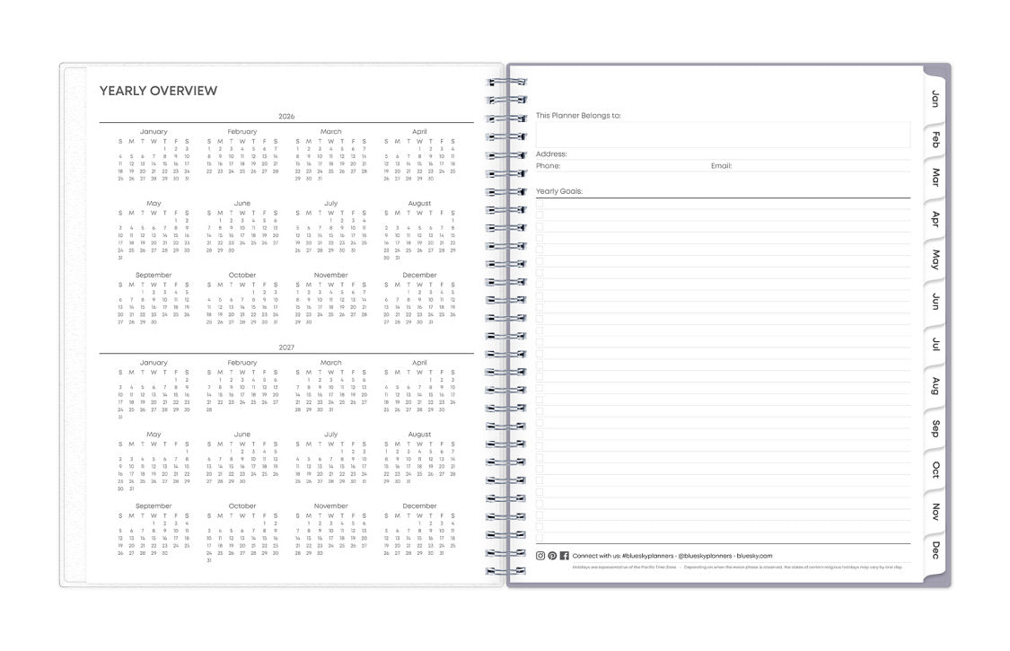 Spiral-bound planner with yearly overview and personal notes section on a white background for 2026 and 2027 year