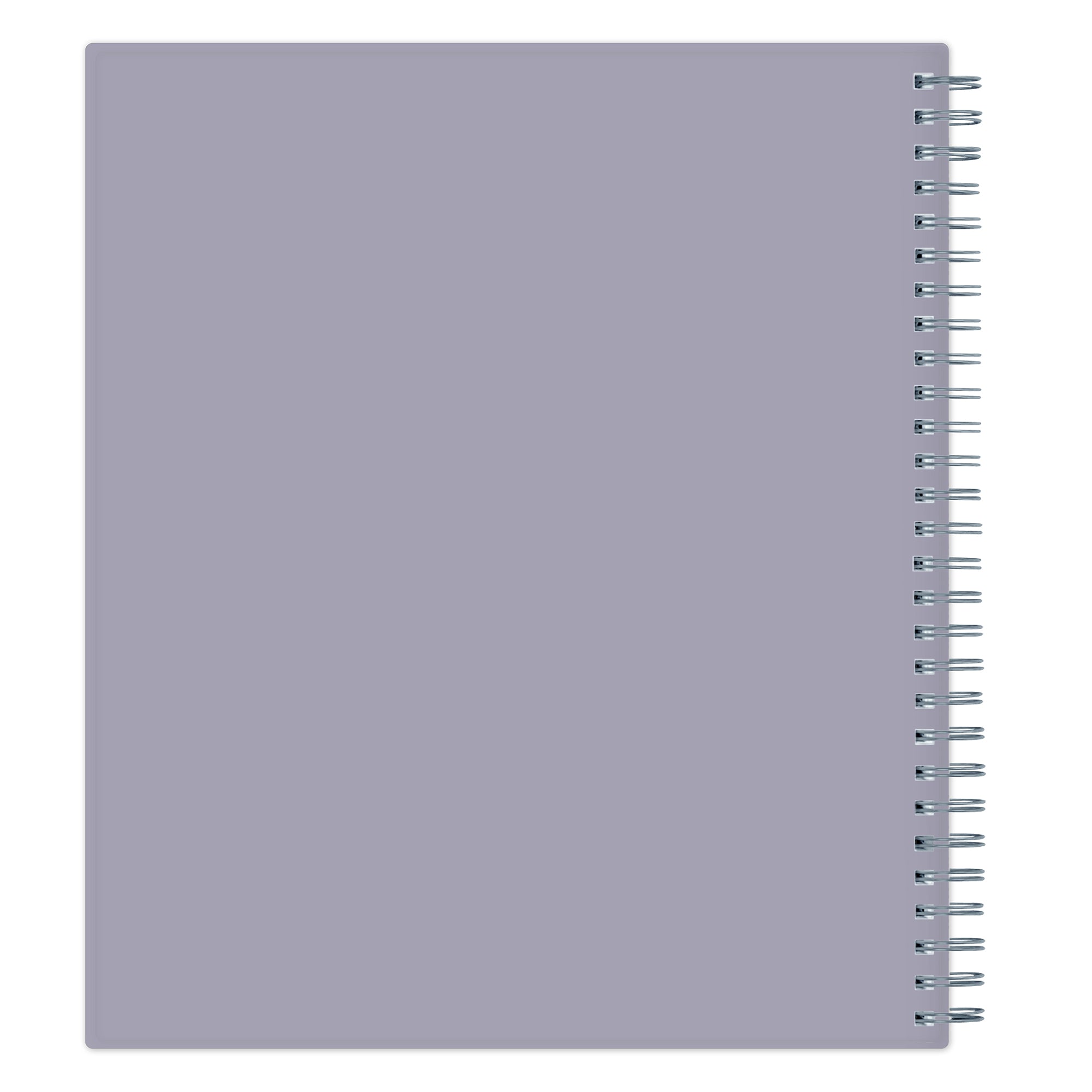 Purple grey planner with a spiral binding on a white background