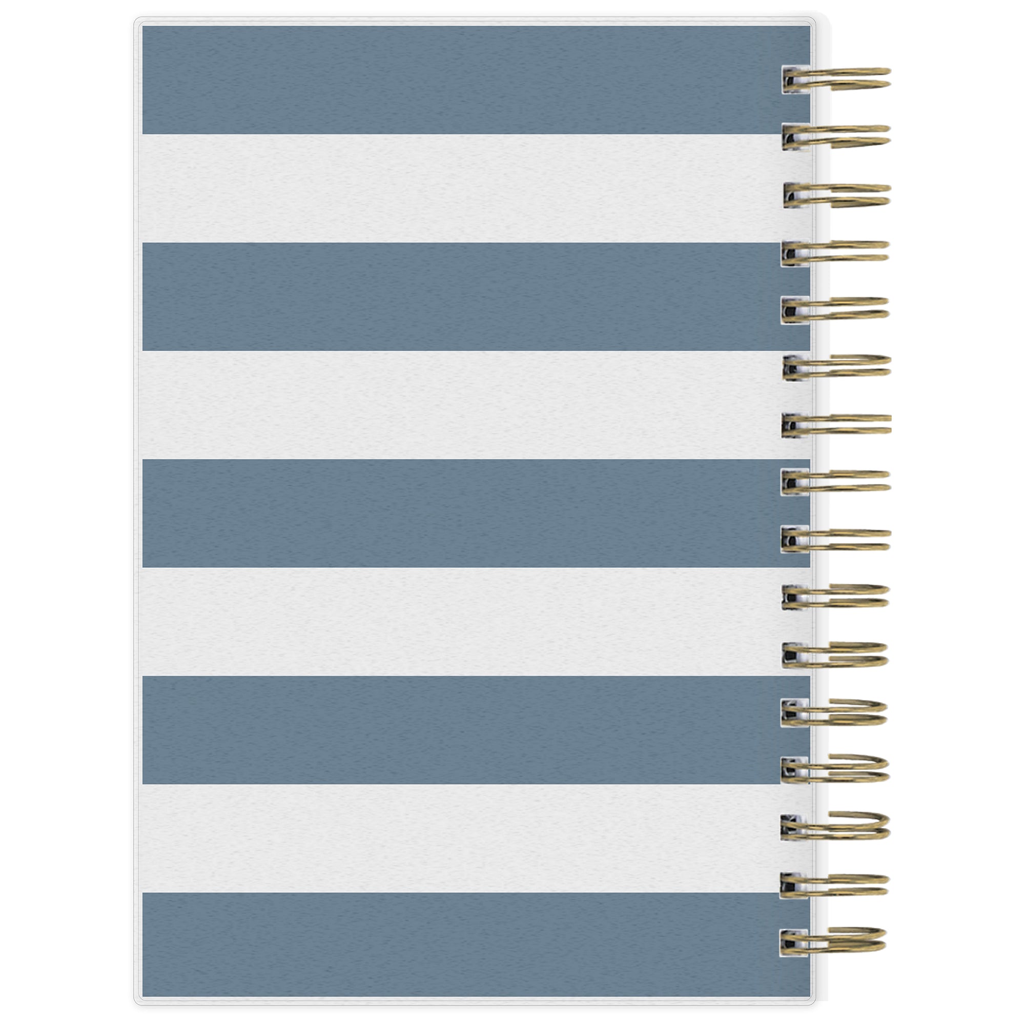 Notebook with blue and white striped cover and gold spiral binding on a white background