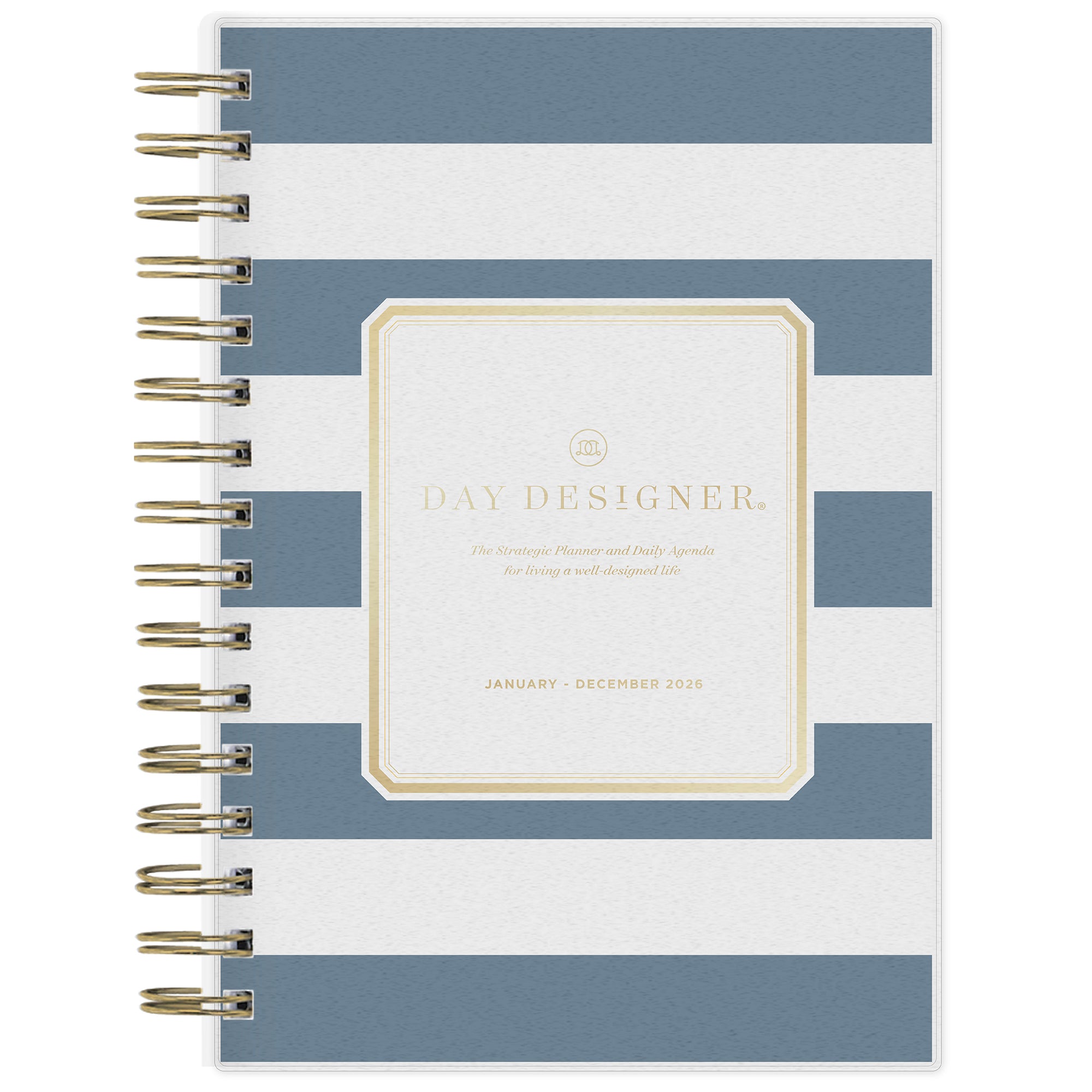 Spiral-bound planner with blue and white striped cover and gold accents