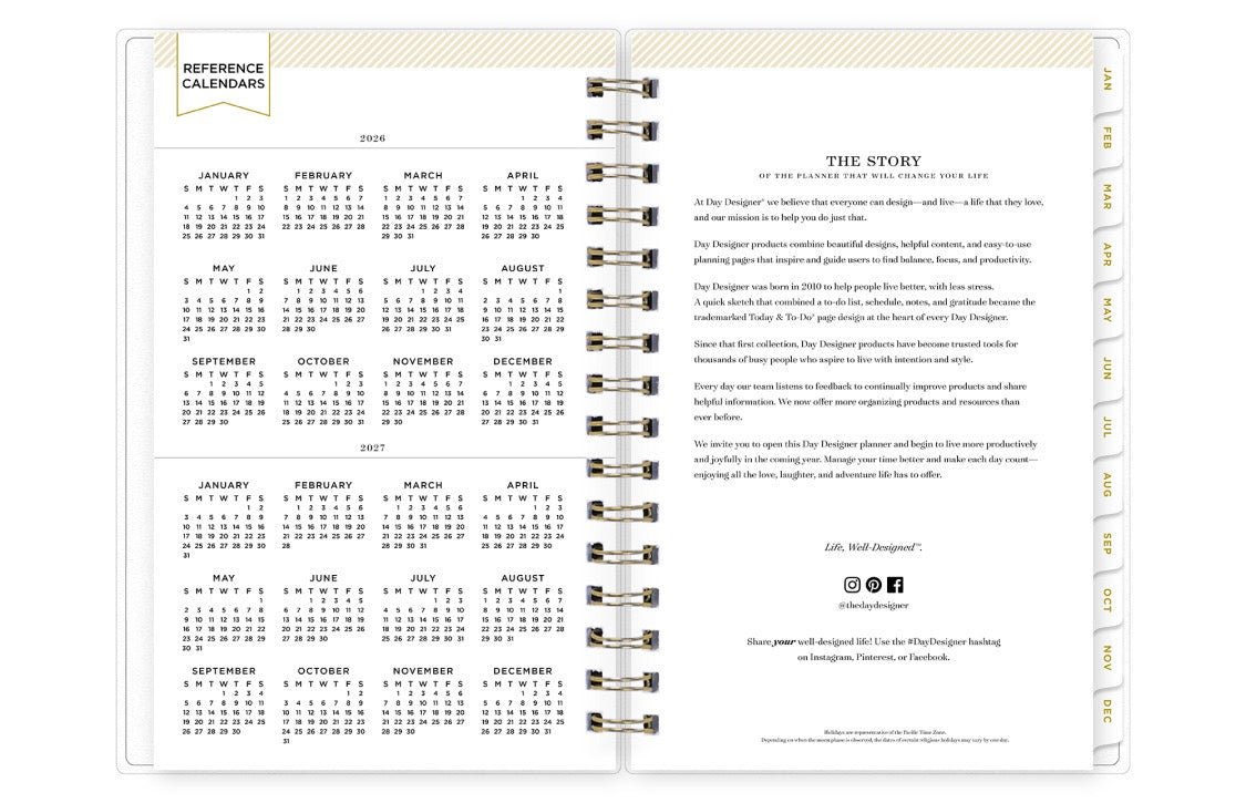 Open planner showing a calendar page and text on a white background reference years 2026 and 2027
