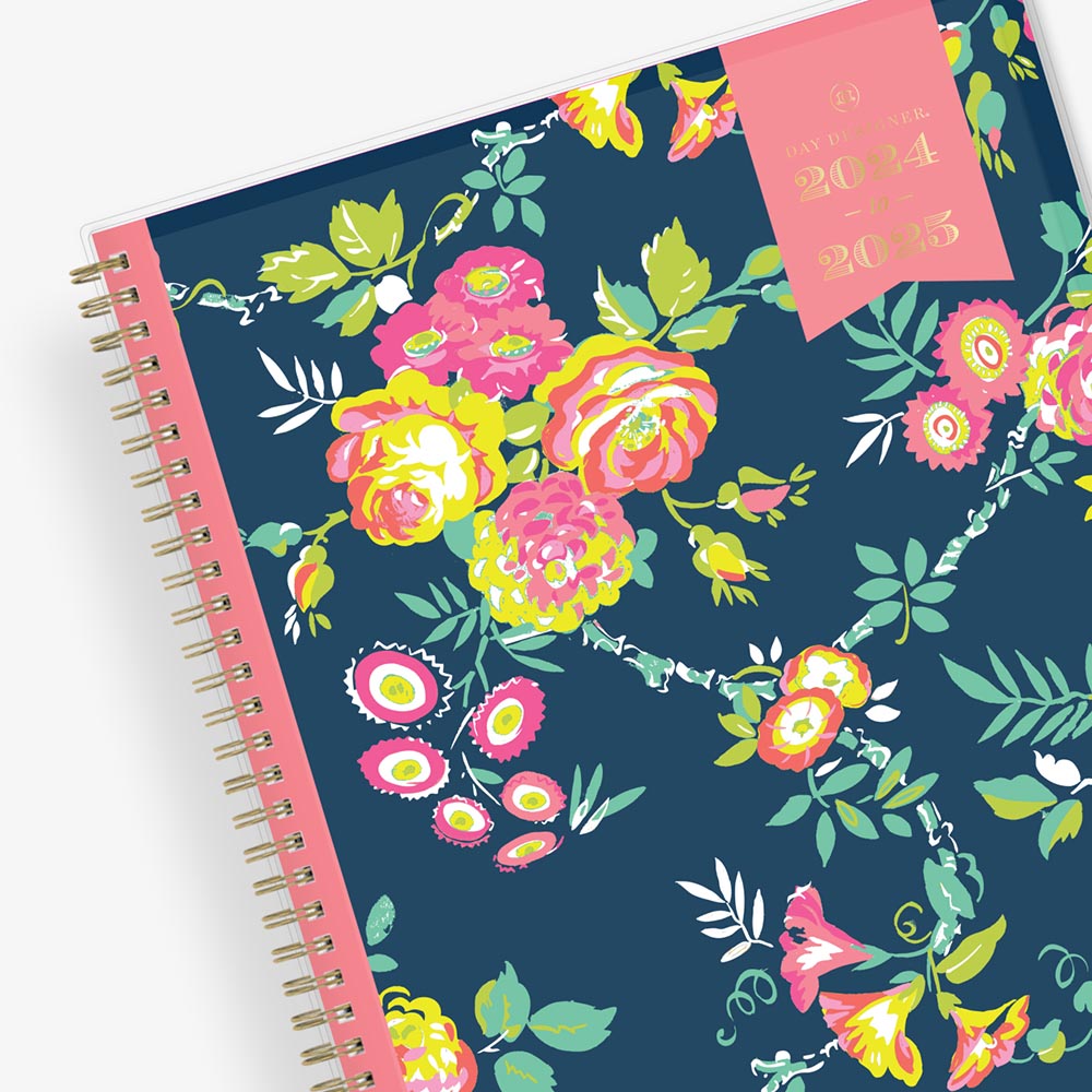 weekly monthly academic planner from Day Designer for Blue Sky featuring a navy background and floral front cover 8.5x11 for June 2024- July 2024 academic year