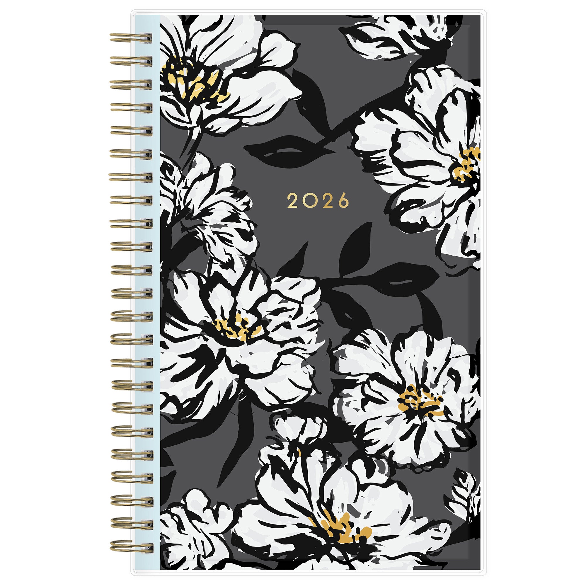 5x8 weekly monthly planner for January 2026 - December 2026 new year featuring silver twin wire-o binding, black/gray background, white florals and gold accents