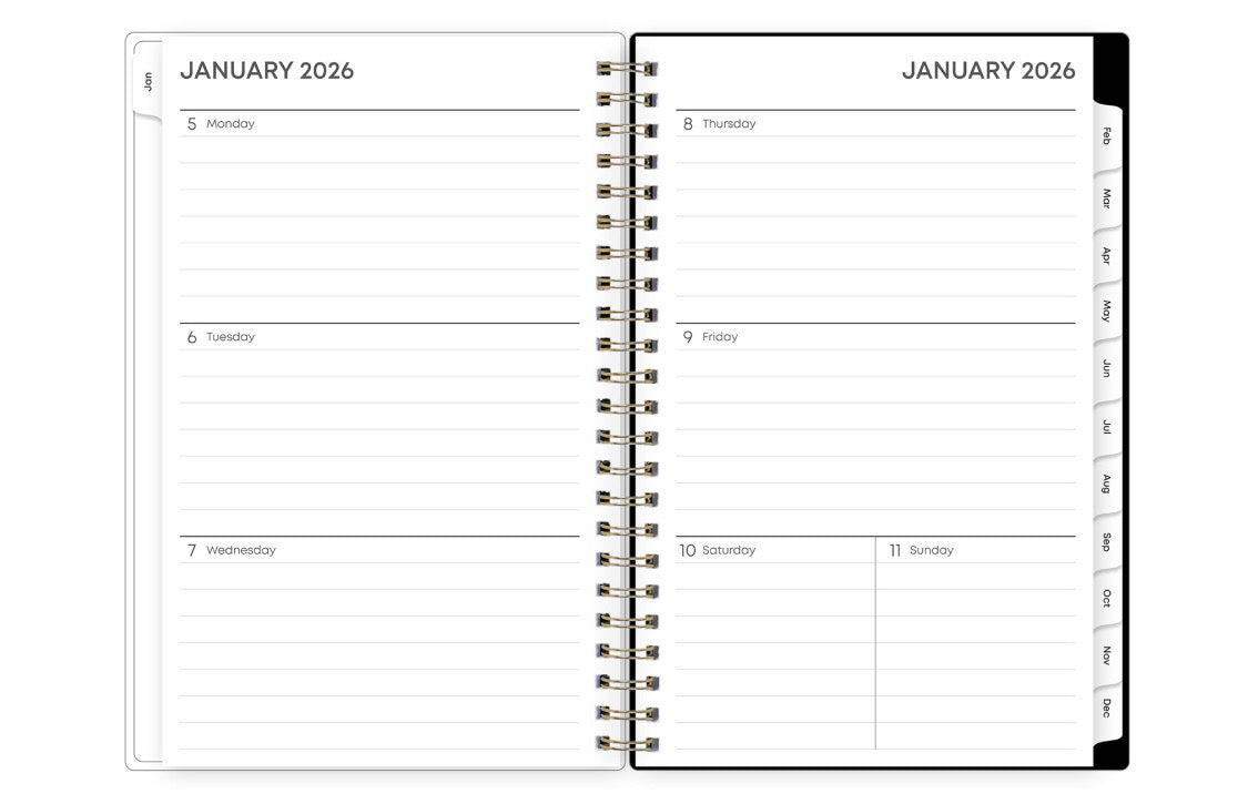 weekly view on this 2026 monthly weekly planner featuring ample lined writing space, weekly to do section, notes section, and blue monthly tabs