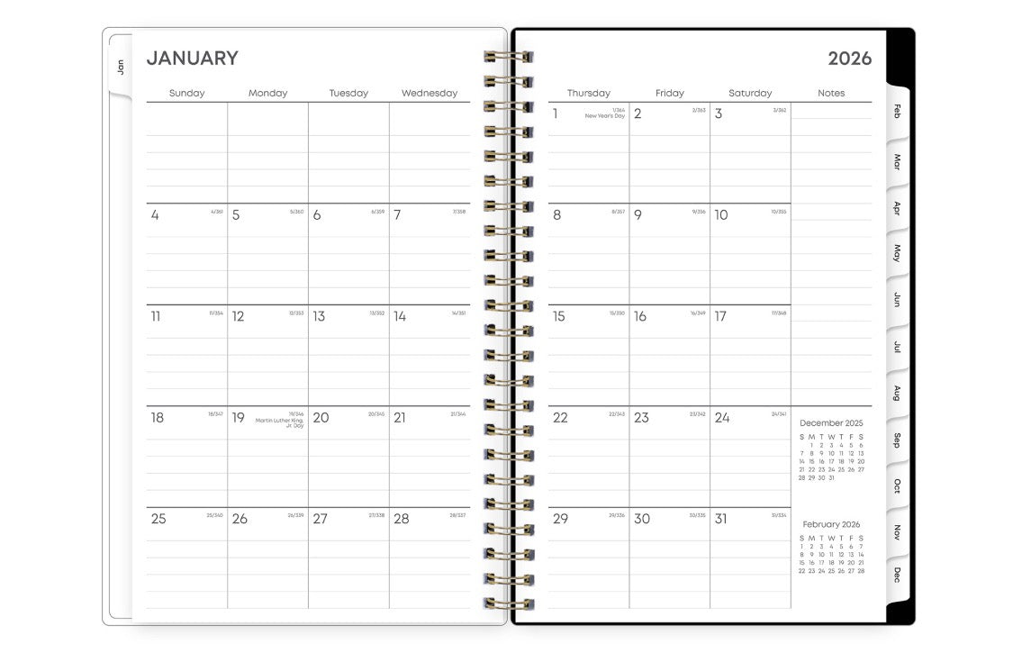 2026 weekly monthly planner featuring a monthly view with lined writing space for each date, reference calendars, and light blue monthly tabs