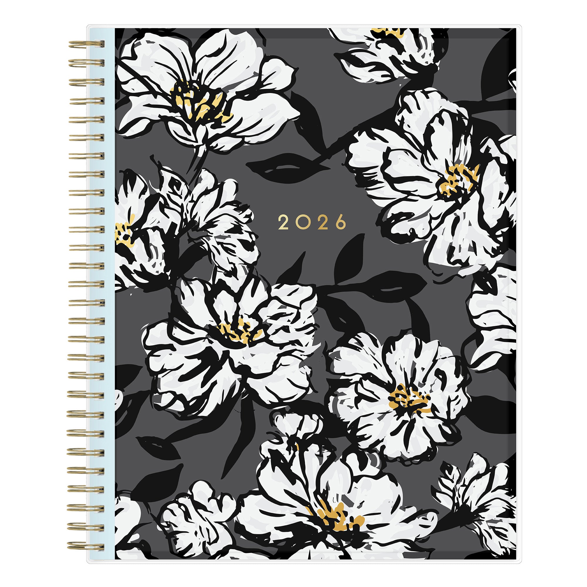Plan way with this January 2026 - December 2026 monthly planner featuring a floral pattern front cover and gold silver wire-o binding