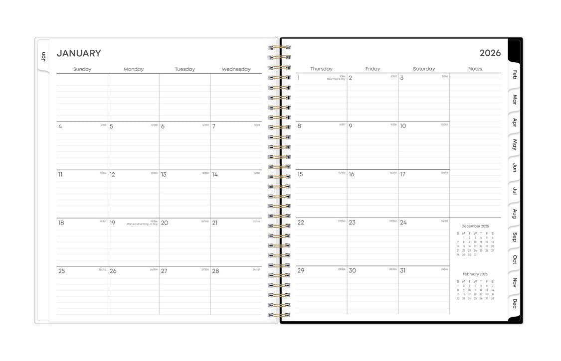 The January 2026 - December 2026 monthly spread features ample lined writing space for each day, lined notes section, reference months, and monthly to easily navigate throughout your planner