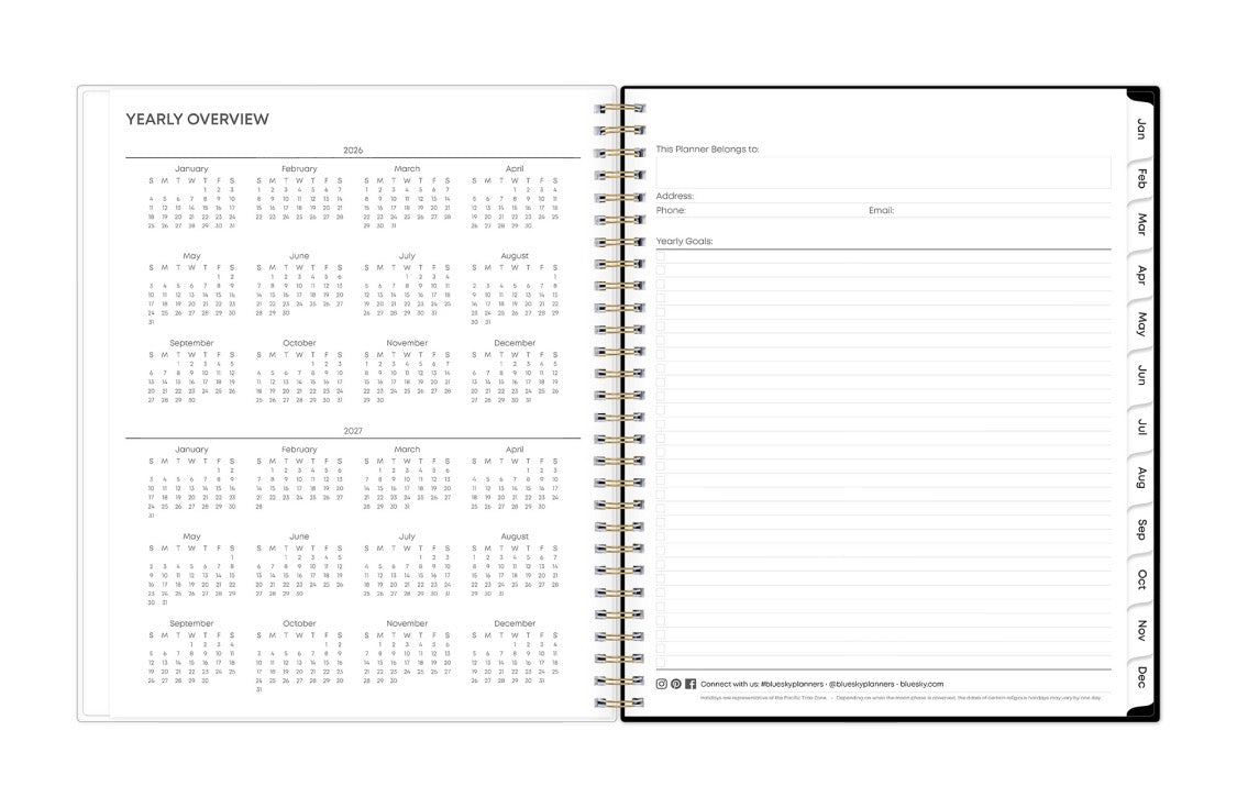 This 8x10 2026 monthly planner featuring a yearly overview for both 2026 and 2027, a yearly goals recap to review end of the year, and contact page.
