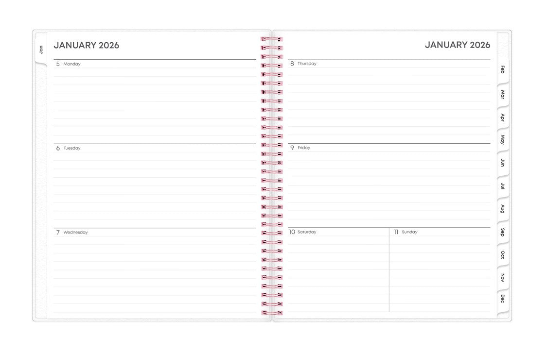 This January 2026 - December 2026 weekly monthly planner features a monthly spread with blank writing space for each day, lined notes section, reference calendars, and monthly tabs for easy navigating in a 8.5x11 planner size