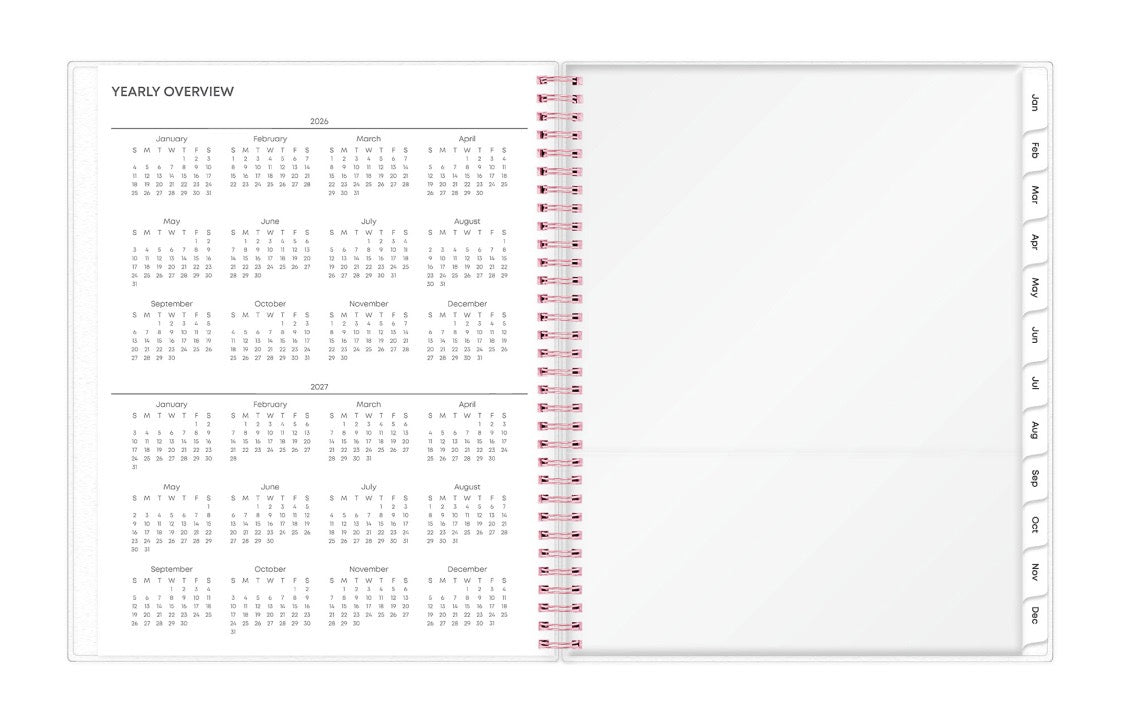 This 8.5x11 2026 weekly monthly planner featuring a yearly overview for both 2026 and 2027, a yearly goals recap to review end of the year, and contact page.