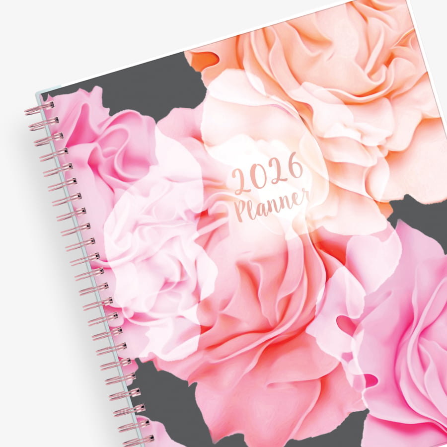 January 2026 - December 2026 monthly planner from Blue Sky features beautiful floral cover design with twin rose gold binding