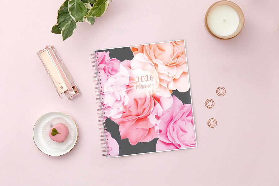January 2026 - December 2026 monthly planner from Blue Sky features beautiful floral cover design with twin rose gold binding