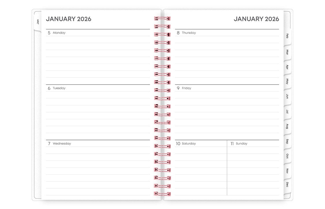 This January 2026 - December 2026 weekly monthly planner features a weekly spread with ample lined writing space for each day, notes section, to -do list, and monthly tabs for easy navigating in a 5x8 planner size