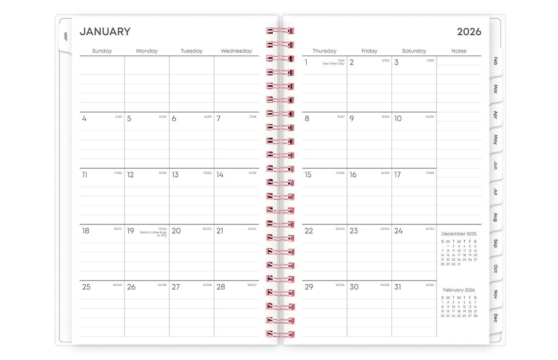 This January 2026 - December 2026 weekly monthly planner features a monthly spread with blank writing space for each day, lined notes section, reference calendars, and monthly tabs for easy navigating all in a 5x8 planner size