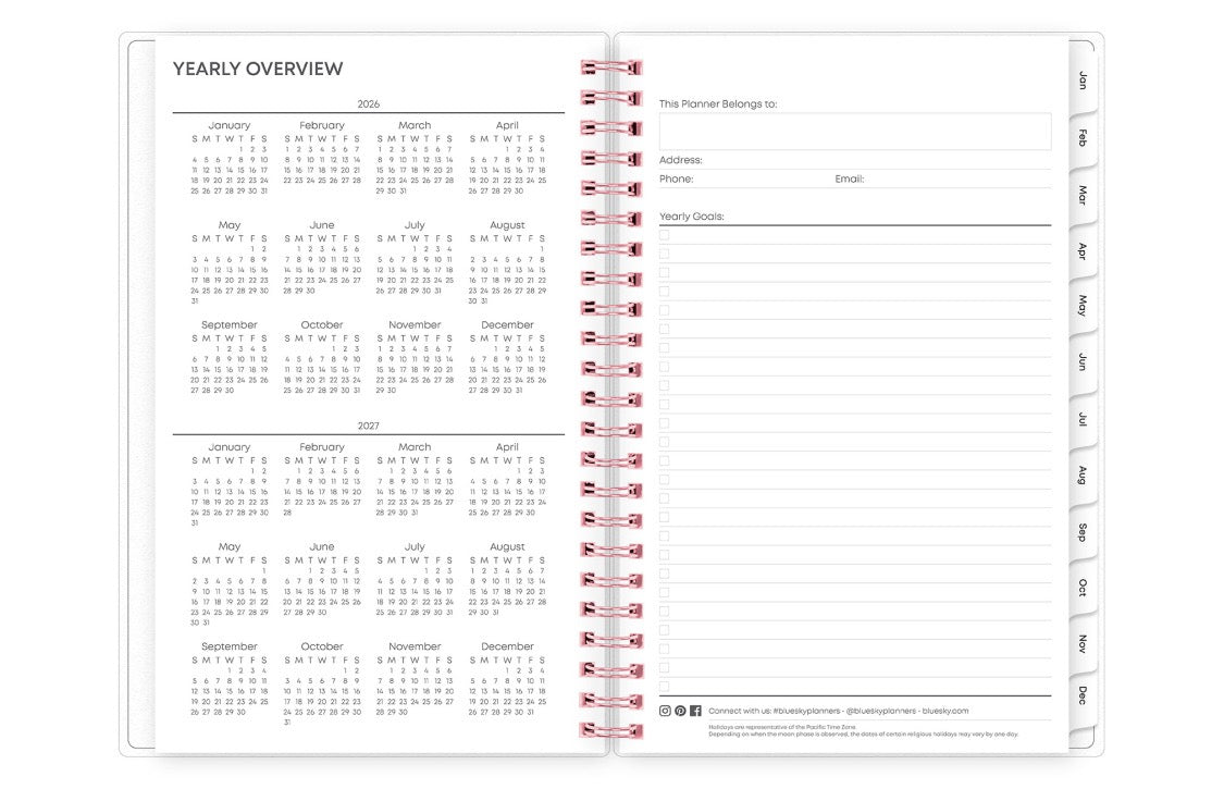 This 5x8 2025 weekly monthly planner featuring a yearly overview for both 2026 and 2027, a yearly goals recap to review end of the year, and contact page.