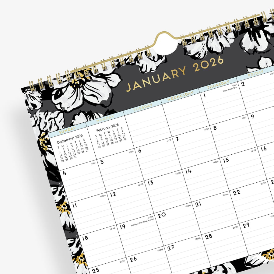11x8.75 wall calendar for 2026 in baccara dark design featuring gold accents for months and days, black/grey background and white florals