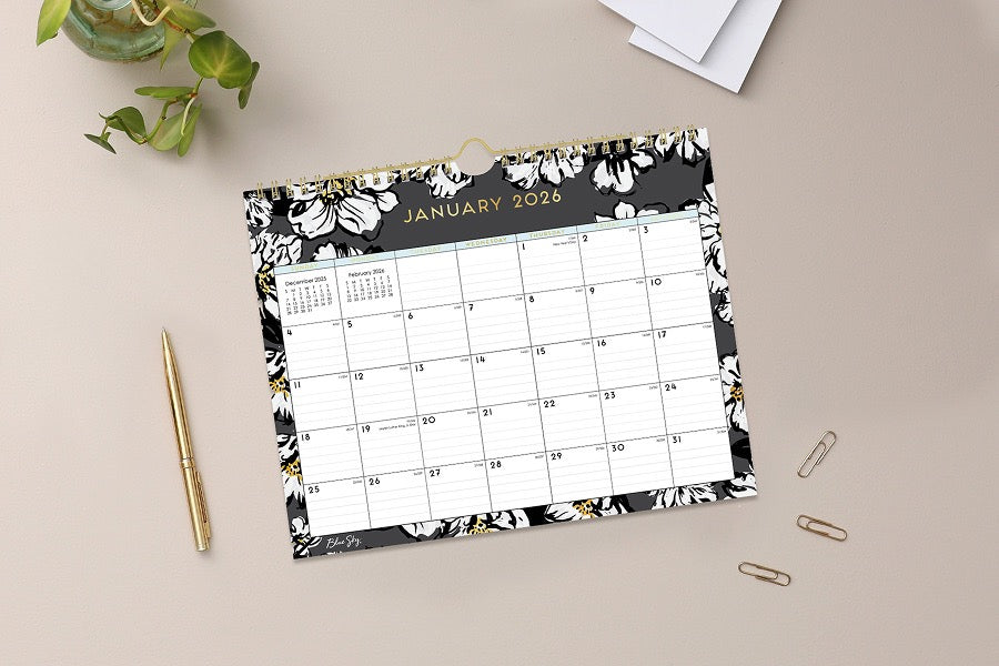 11x8.75 wall calendar for 2026 in baccara dark design featuring gold accents for months and days, black/grey background and white florals