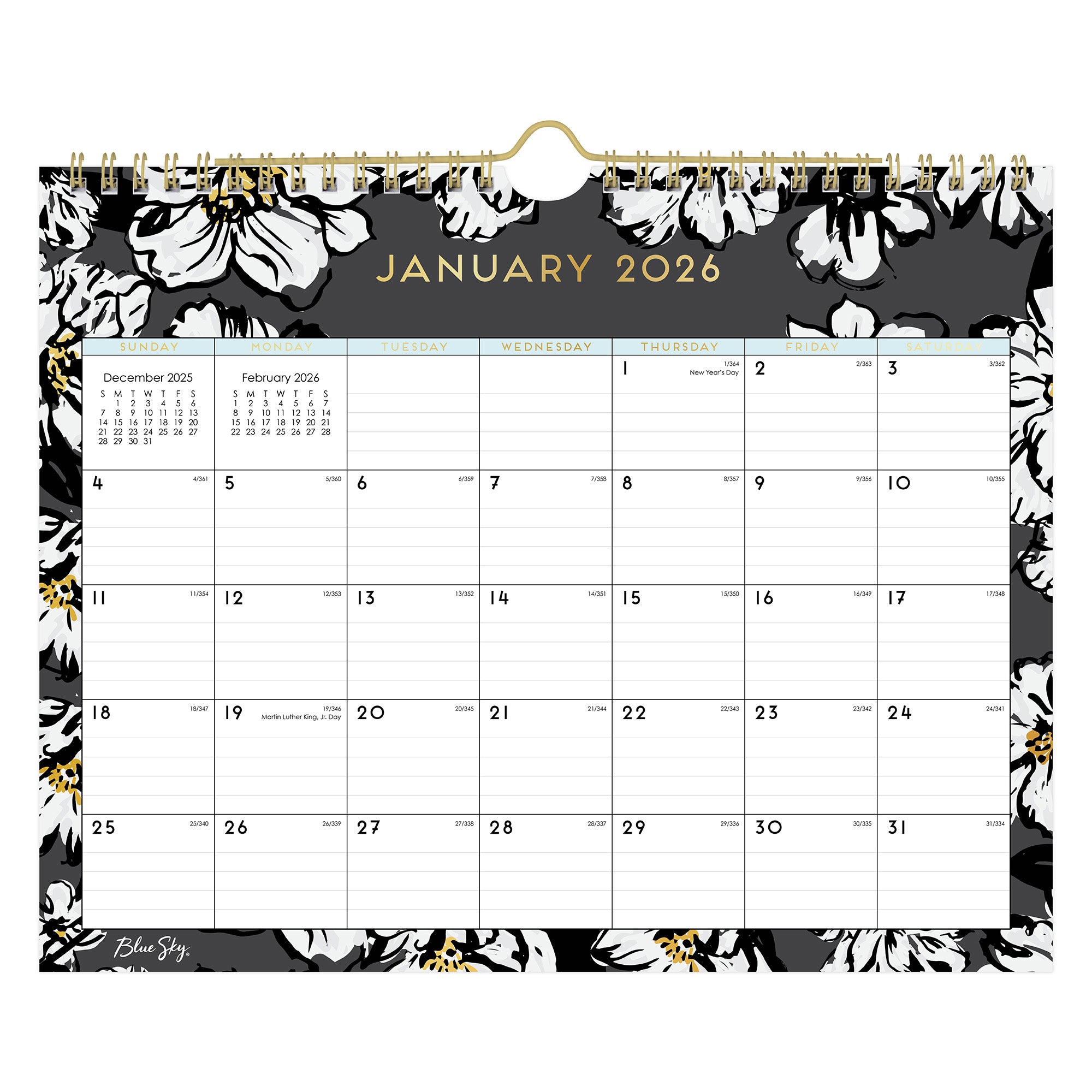 11x8.75 wall calendar for 2026 in baccara dark design featuring gold accents for months and days, black/grey background and white florals