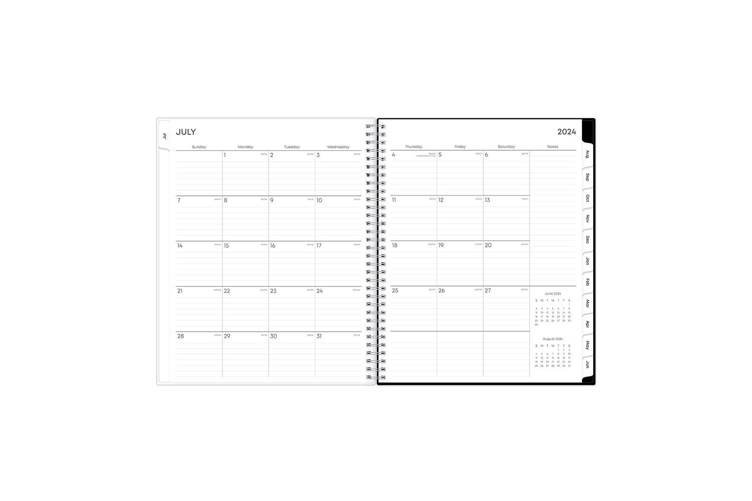 weekly and monthly academic planner featuring a monthly spread with lined writing space, a notes section, reference calendars, and pink monthly tabs in 8.5x11 size