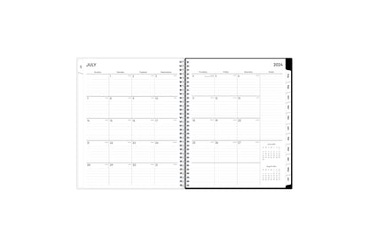 weekly and monthly academic planner featuring a monthly spread with lined writing space, a notes section, reference calendars, and pink monthly tabs in 8.5x11 size