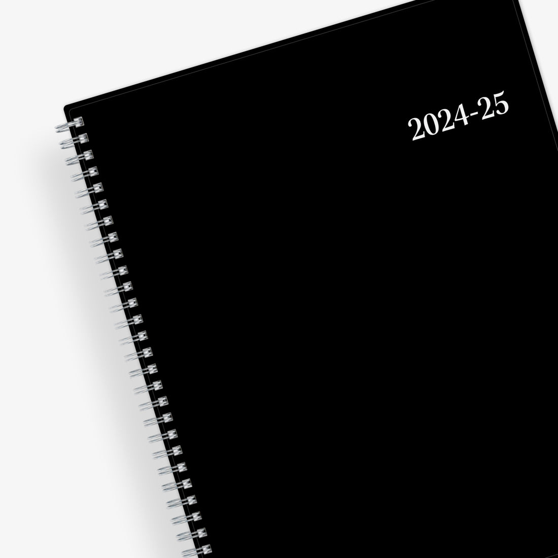 weekly monthly academic planner featuring a solid black cover and silver twin wire-o binding 8.5x11 size for july 2024 - june 2025