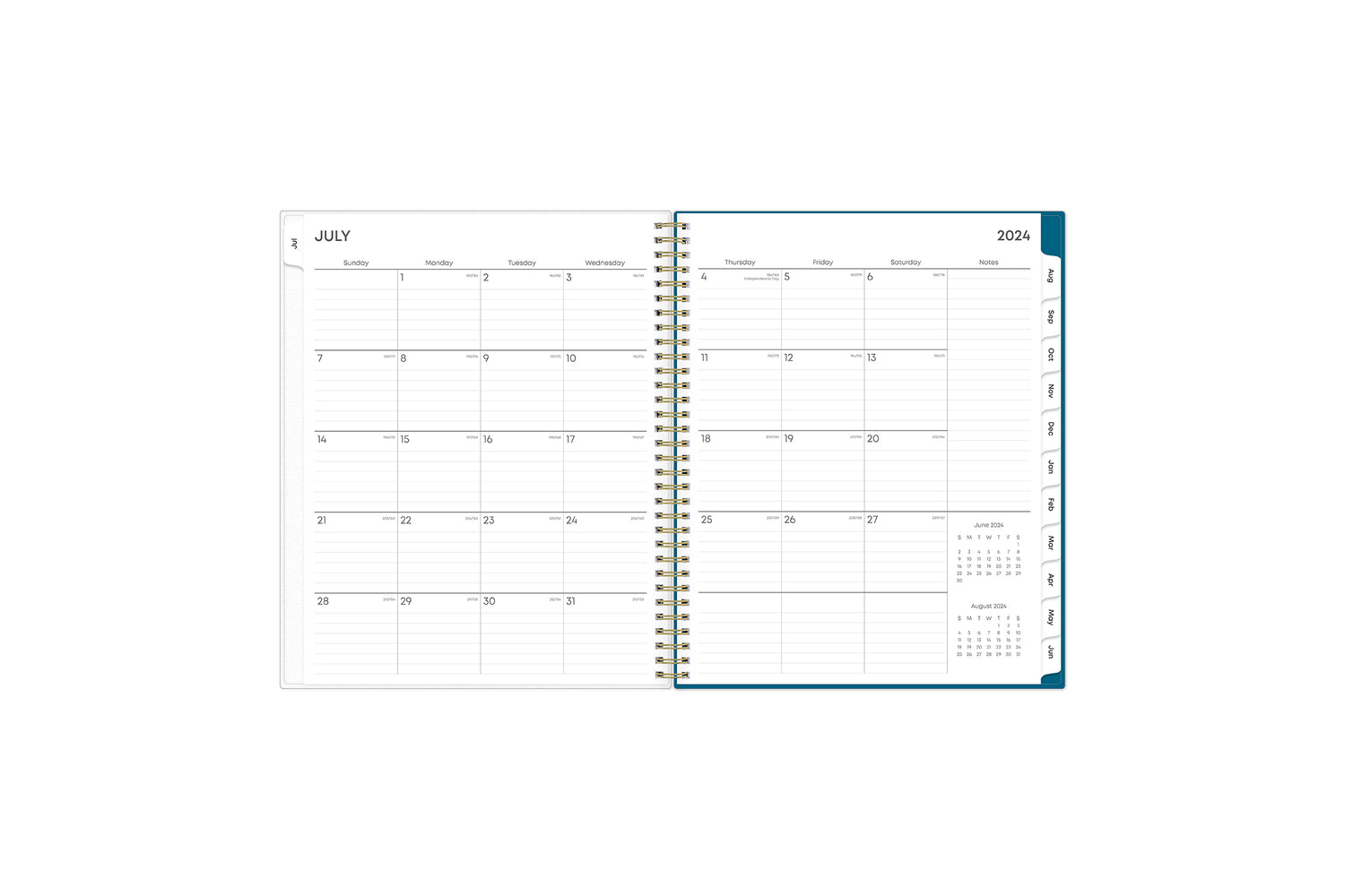 weekly monthly academic year planner featuring a monthly spread, lined writing space, notes section, reference calendars, and blue monthly tabs in 8.5x11 planner size