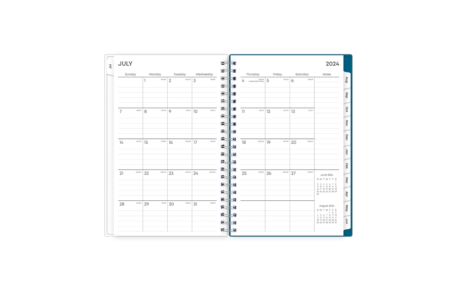 weekly monthly academic year planner featuring a monthly spread, lined writing space, notes section, reference calendars, and blue monthly tabs in 5x8 planner size