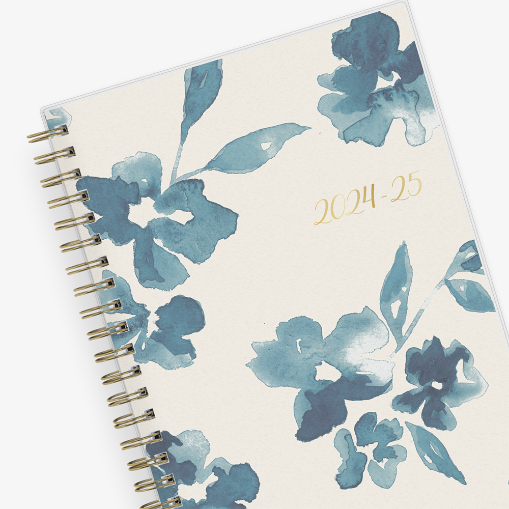 academic weekly monthly planner featuring a white background and blue paint brush florals, twin wire-o binding in a 5x8 planner size for the school year july 2024- june 2025