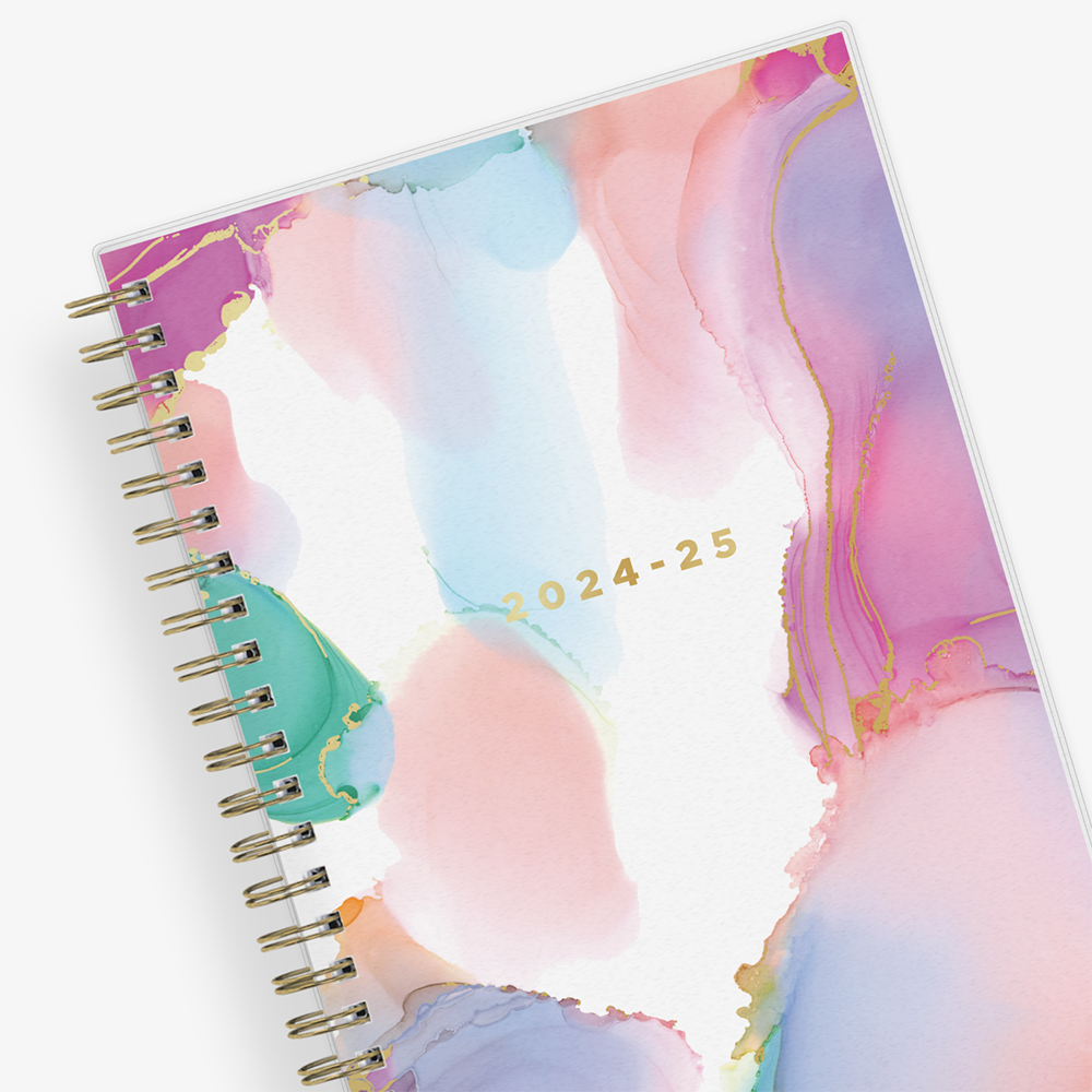 weekly monthly planner by Ashley g for blue sky featuring a marble like pattern front cover and gold twin wire-o binding in 5x8 size 2024-2025 year